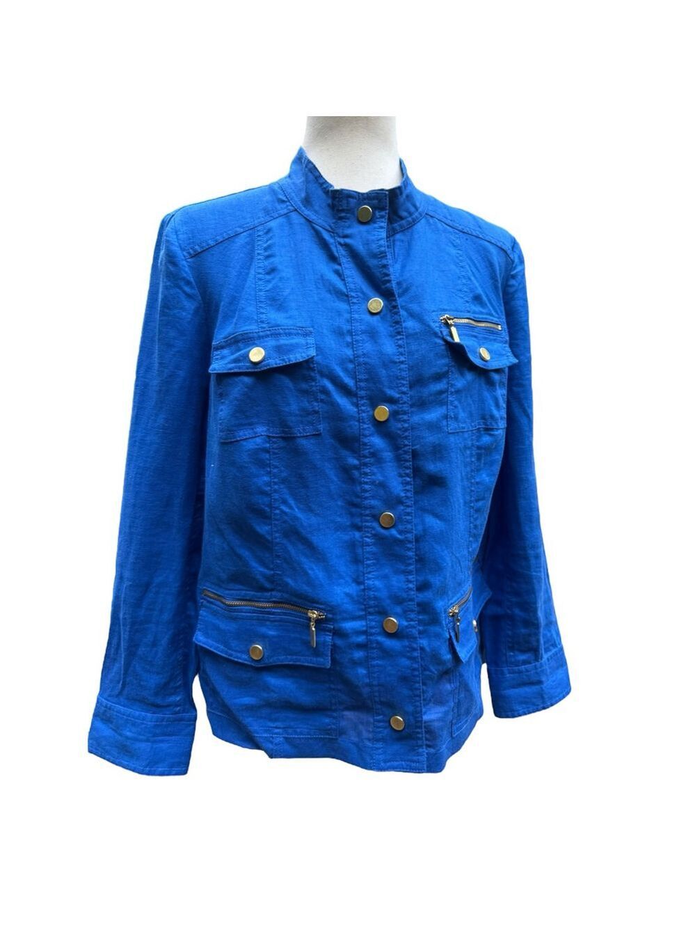 Chico’s 100% Linen Blue Utility Jacket Size 1 (M) Gold Zip Pocket Detail Classic - Picture 4 of 12